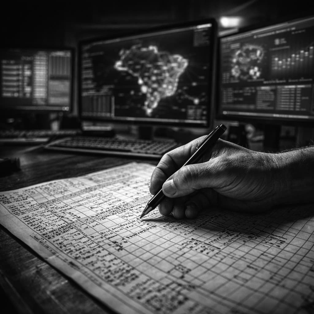 Análise manual em planilha com painéis de dados e mapa logístico ao fundo